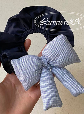 韩系复古蓝格子充棉蝴蝶结藏蓝色肠圈时尚ins小众新款马尾发绳女