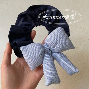 韩系复古蓝格子充棉蝴蝶结藏蓝色肠圈时尚 马尾发绳女 ins小众新款