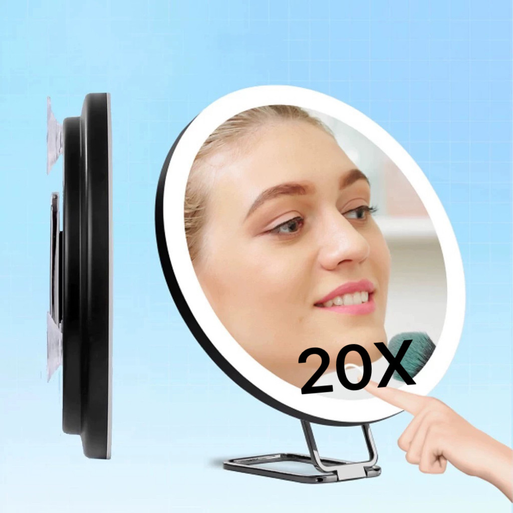跨境LED带灯20倍放大剃须祛黑头粉刺带支架手持10倍20X吸盘化妆镜