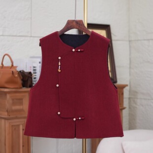 新中式本命年新年战袍双面呢国风盘扣葫芦红色马甲圆领背心女上衣