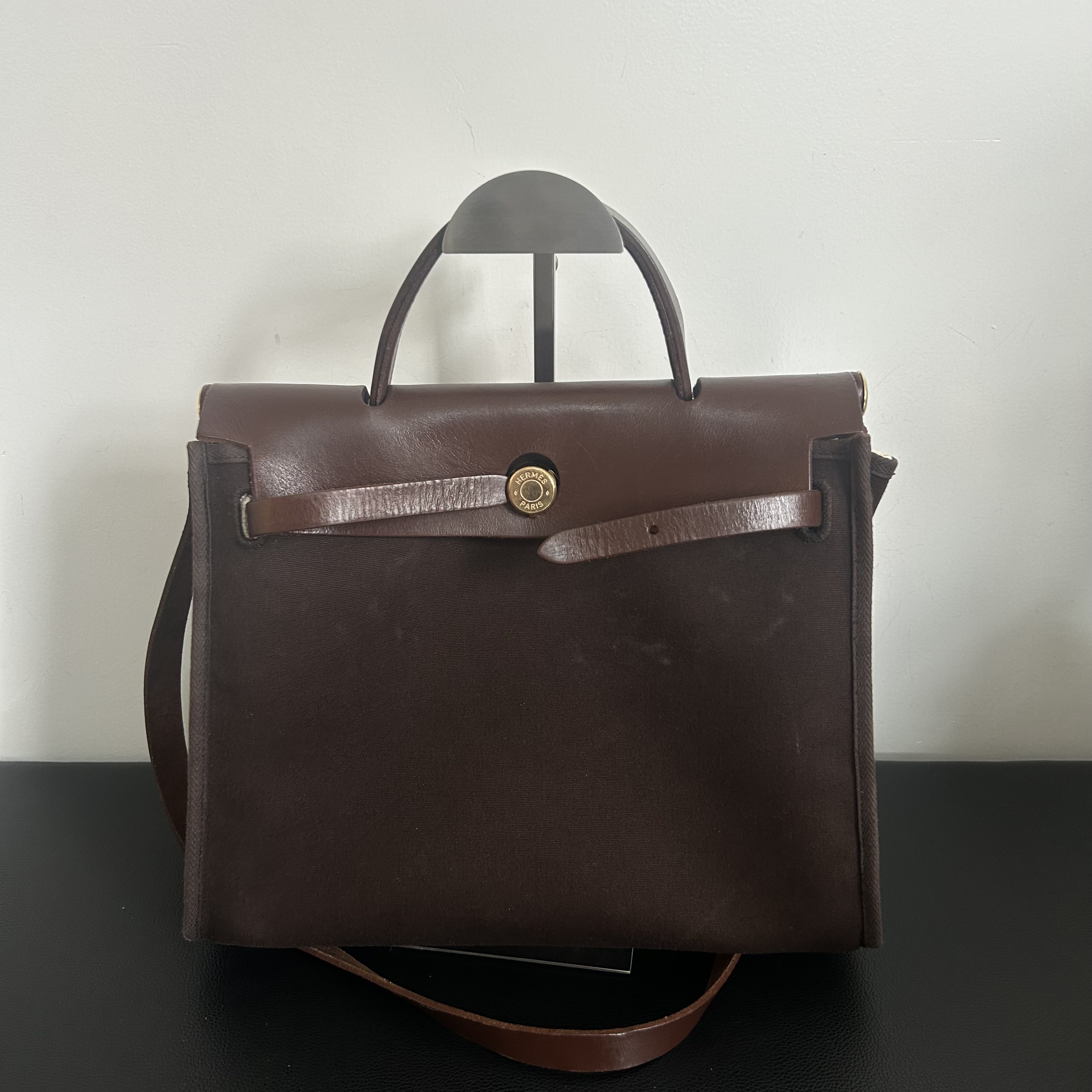 Hermes深棕色帆布拼皮herbag31手提斜挎包