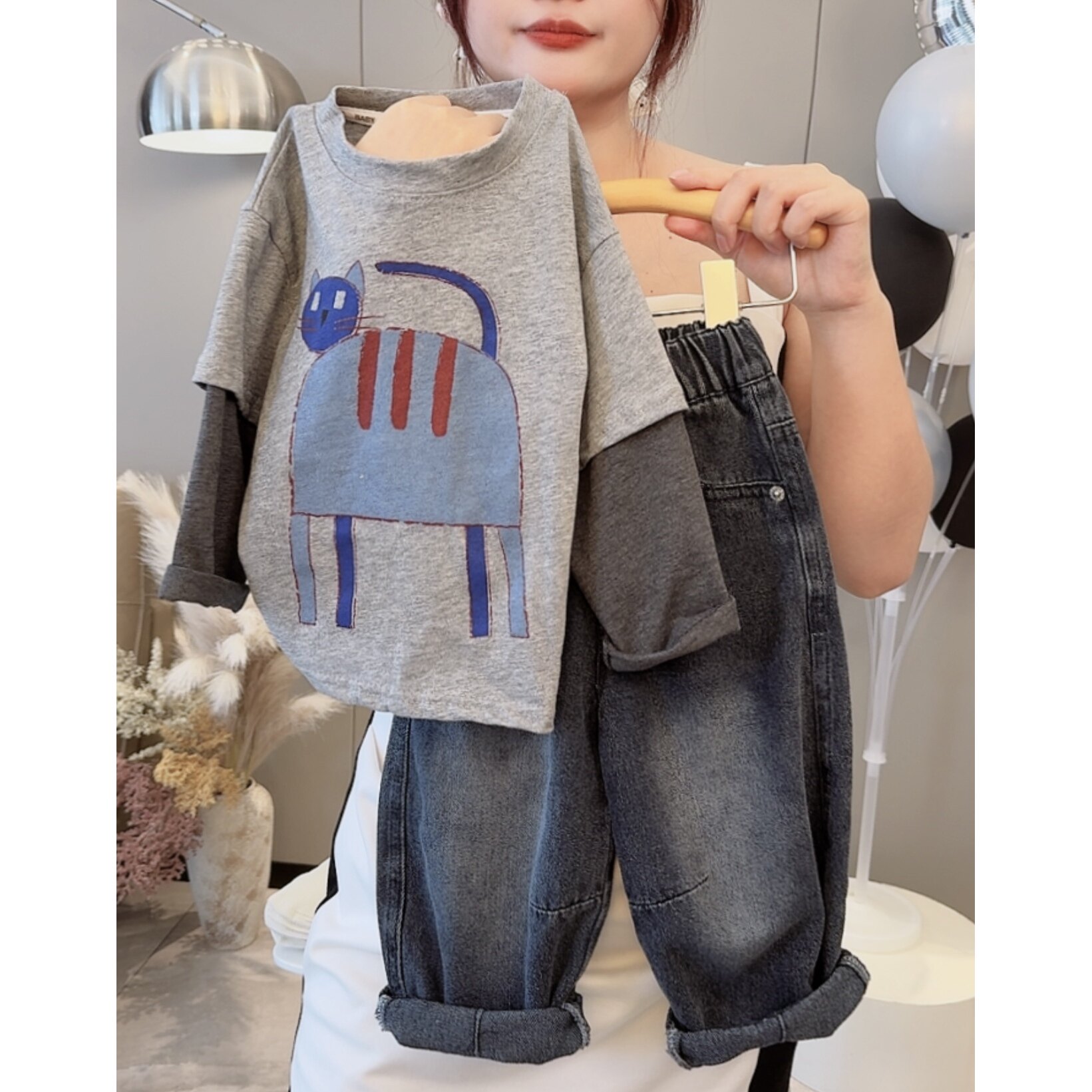 纯棉假两件儿童春季新款打底韩版涂鸦猫撞色假两件卫衣休闲宽松