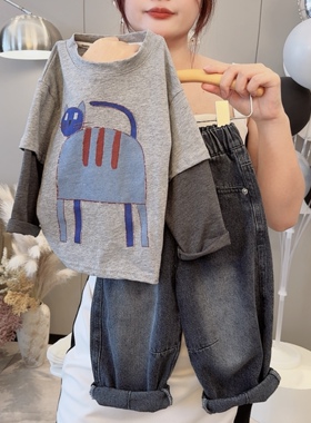 纯棉假两件儿童春季新款打底韩版涂鸦猫撞色假两件卫衣休闲宽松