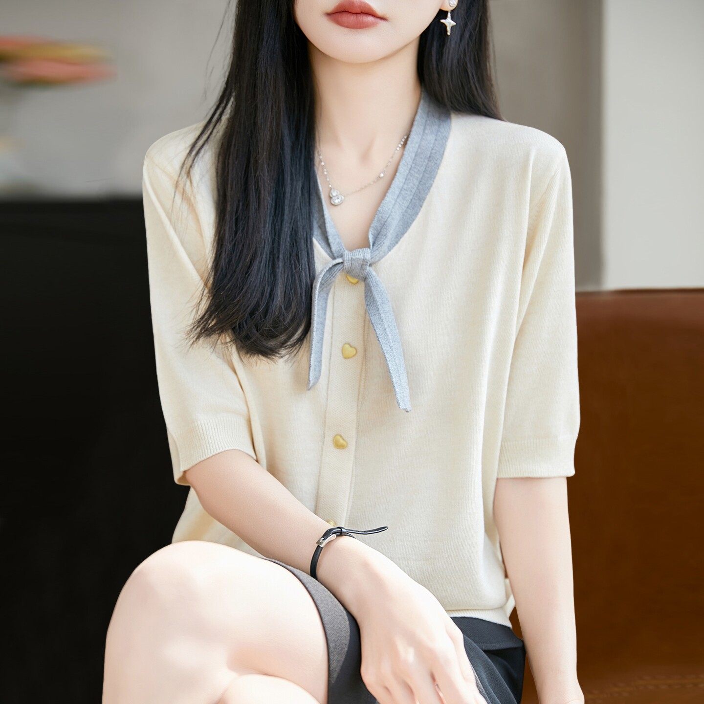 新款V领领结爱心短袖t恤女夏季薄款冰丝针织衫大码女装上衣
