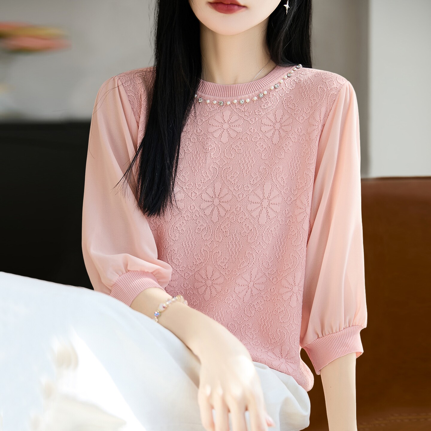 新款拼接蕾丝镂空时尚显瘦针织打底衫女春秋洋气大码女装上衣