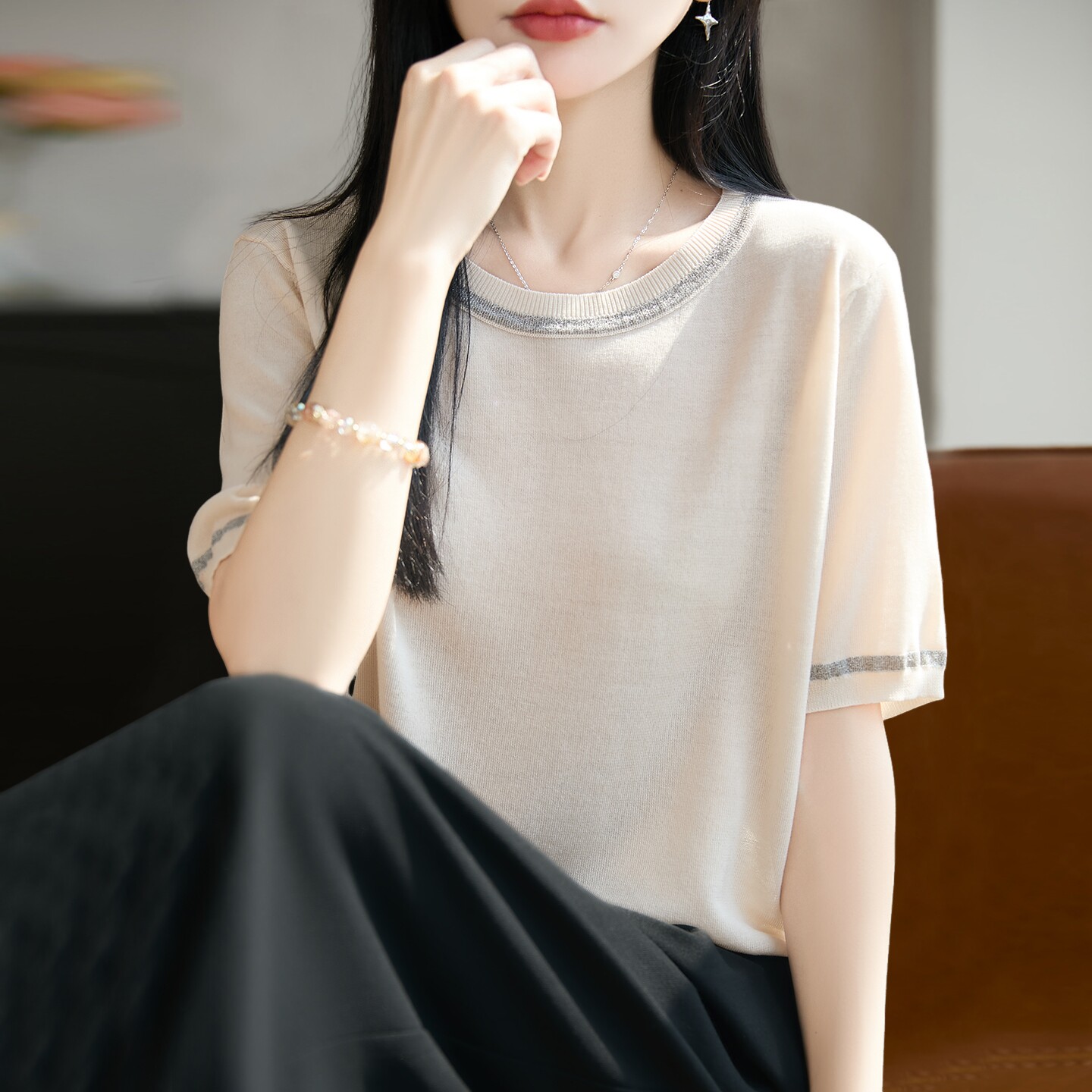 新款亮片时尚针织短袖t恤女夏季薄款冰丝针织衫大码女装上衣