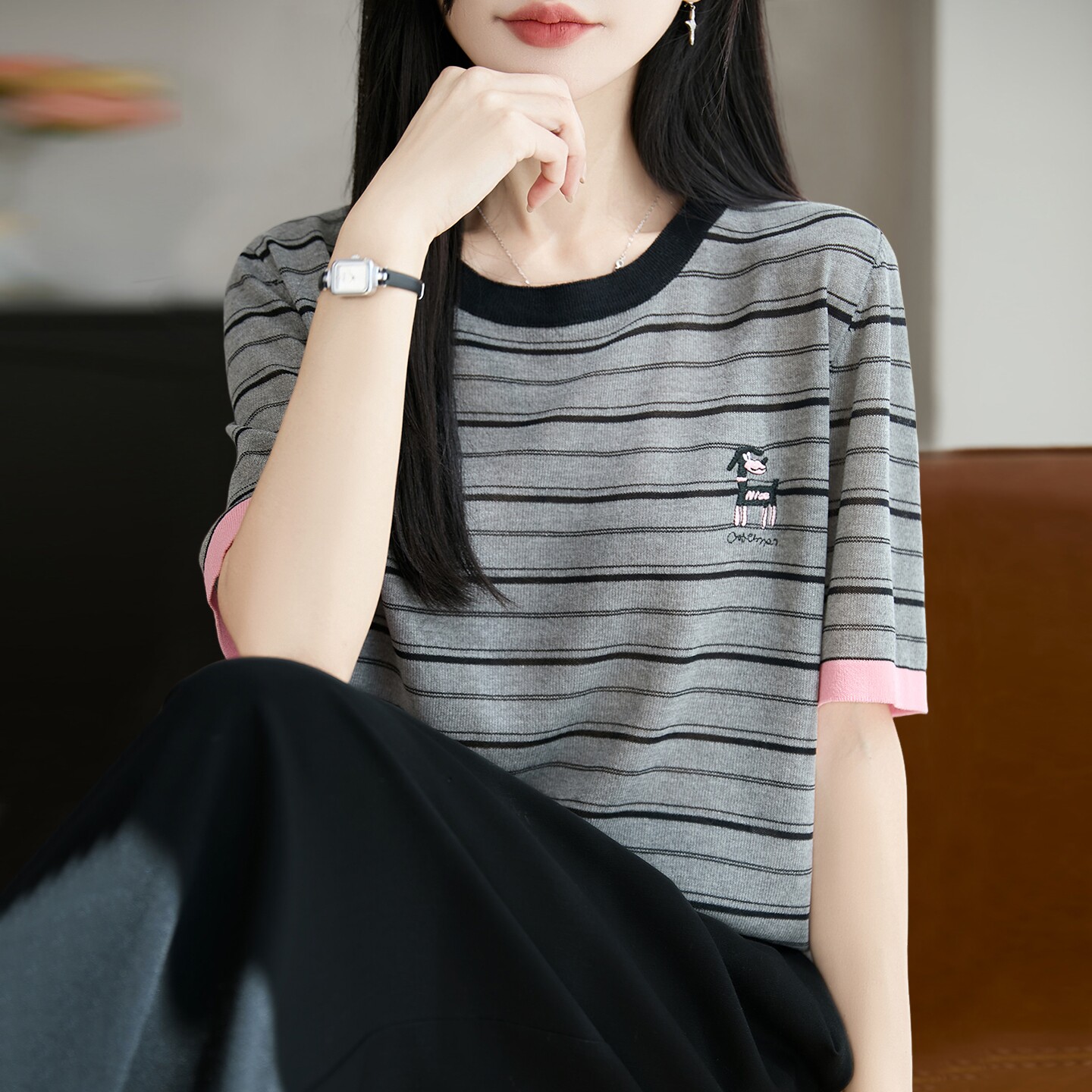 条纹刺绣针织短袖t恤女夏季薄款冰丝针织衫大码女装上衣