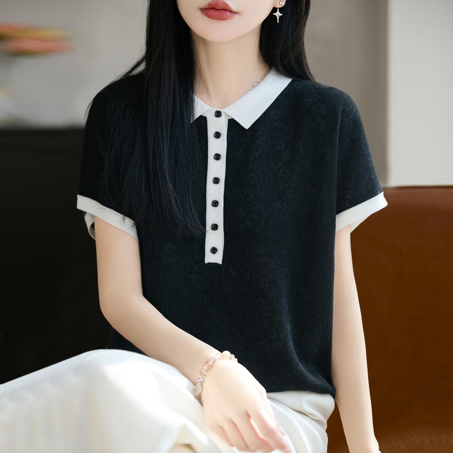 新款亮片时尚针织短袖t恤女夏季薄款冰丝针织衫大码女装上衣