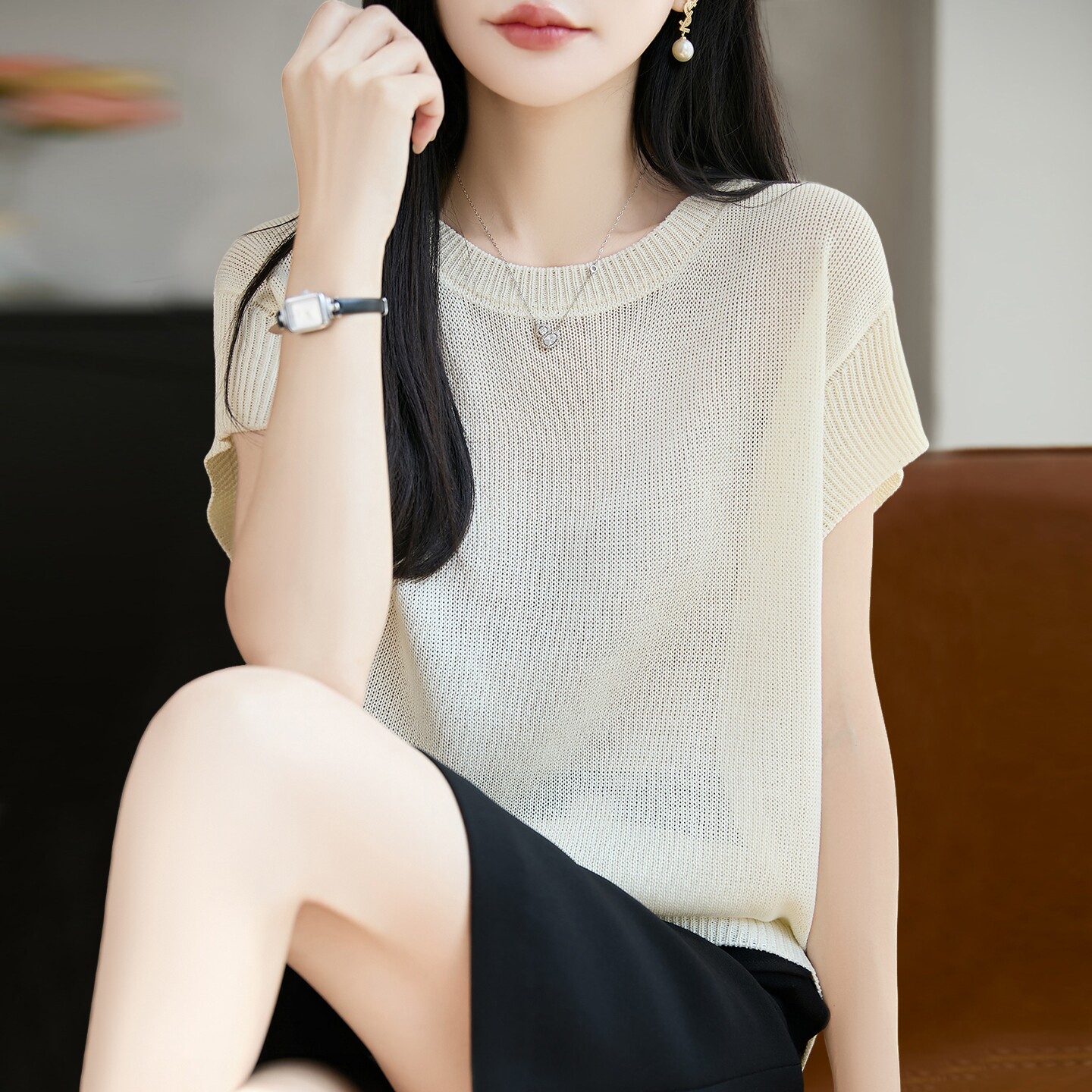 镂空纯色针织短袖t恤女夏季薄款冰丝针织衫大码女装上衣