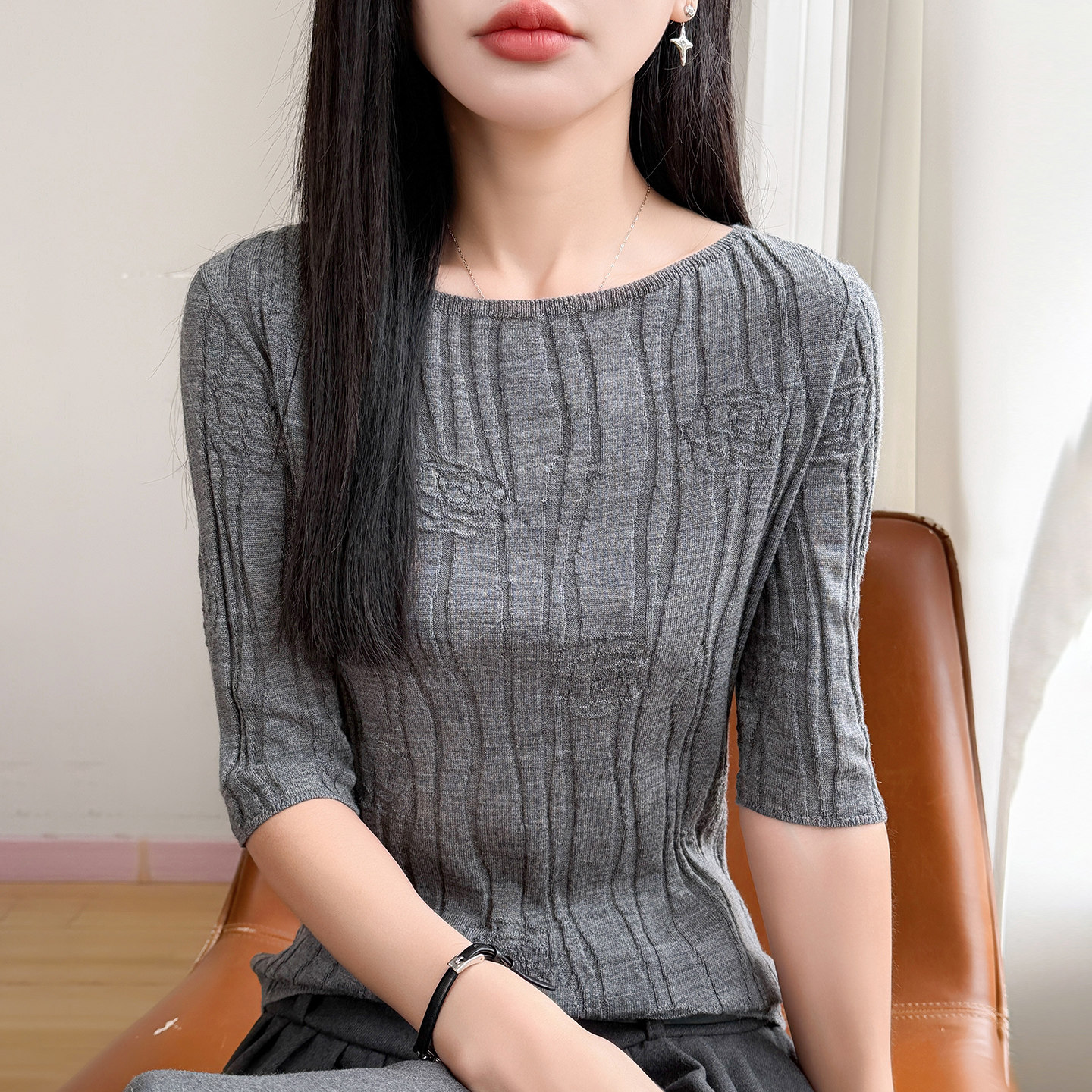 针织条纹圆领短袖t恤女夏季薄款冰丝针织衫大码女装上衣