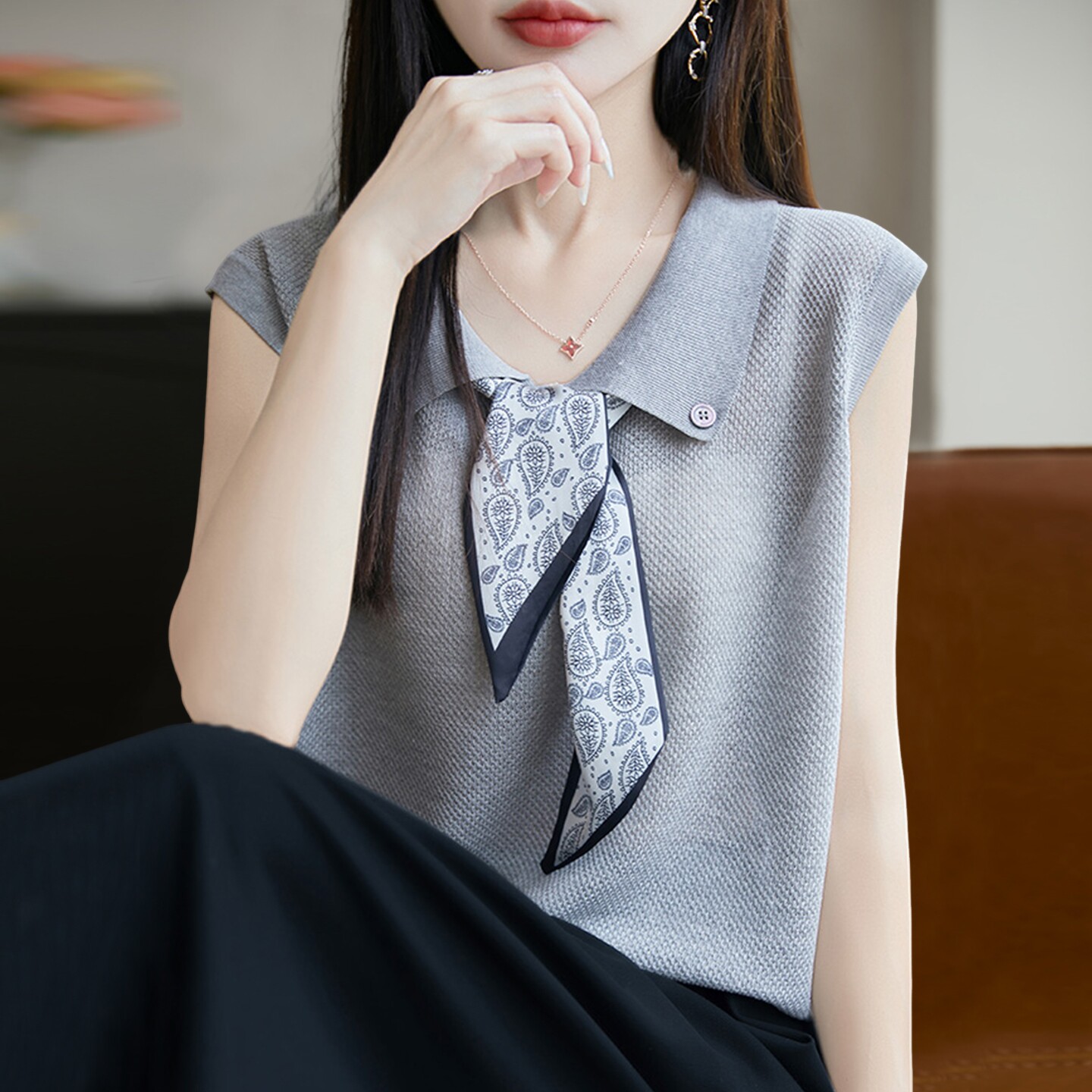 拉夏贝尔 翻领镂空丝巾针织短袖t恤女夏季薄款冰丝针织衫女装上衣