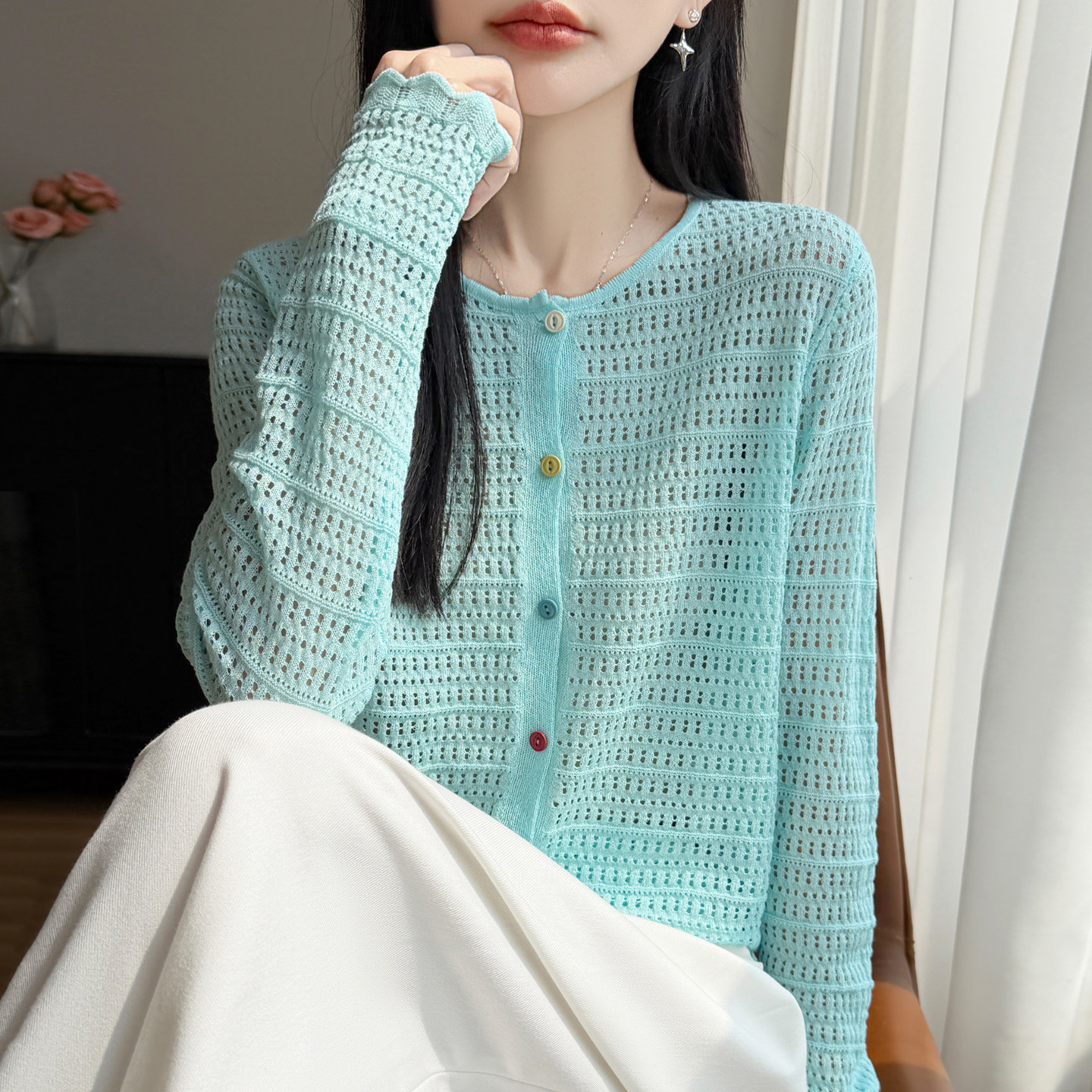 拉夏贝尔镂空纯色时尚防晒衫针织开衫外套女春秋洋气大码女装上衣