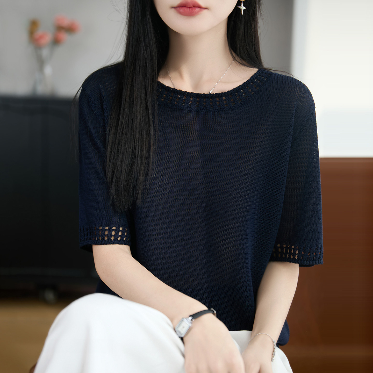 2026新款纯色镂空百搭短袖t恤女夏季薄款冰丝针织衫大码女装上衣