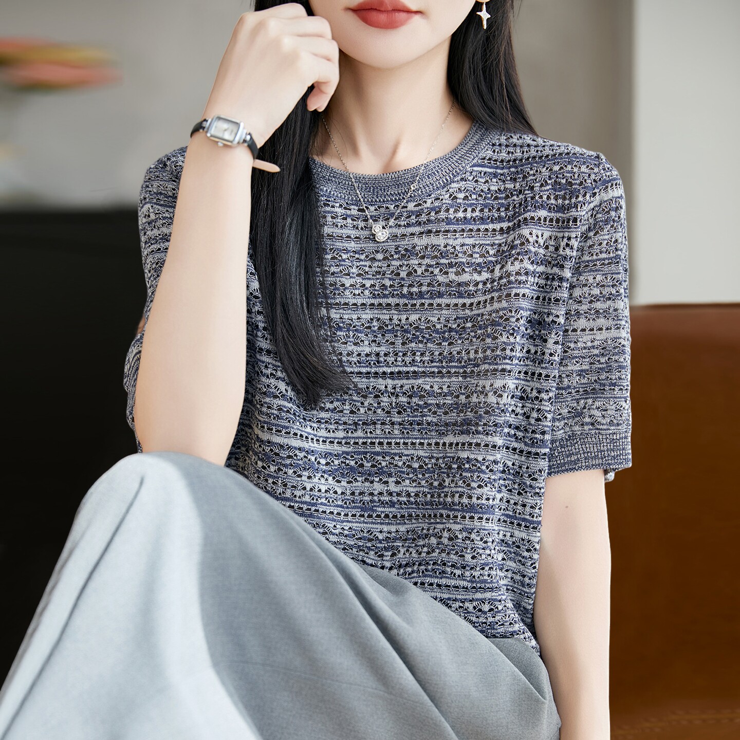 镂空时尚针织短袖t恤女夏季薄款冰丝针织衫大码女装上衣