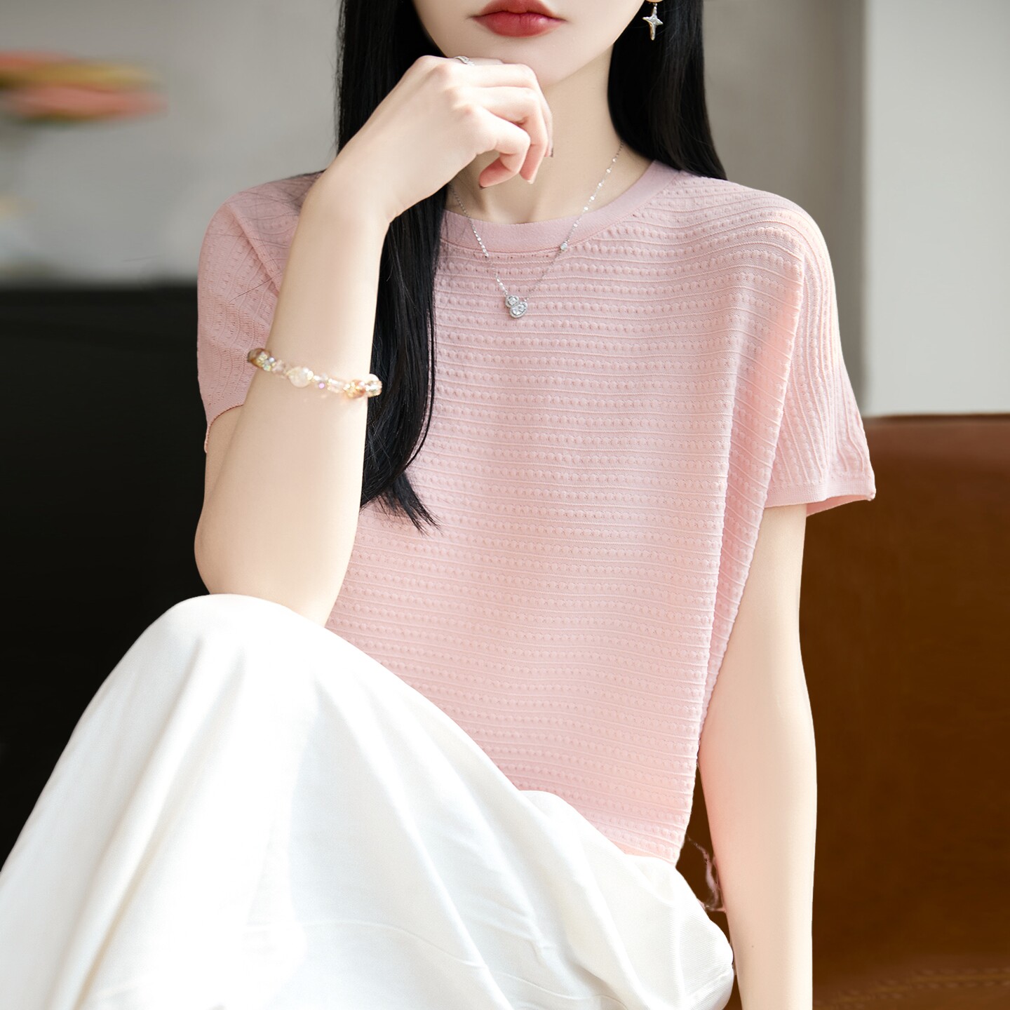 拉夏贝尔 纯色条纹针织短袖t恤女夏季薄款冰丝针织衫大码女装上衣
