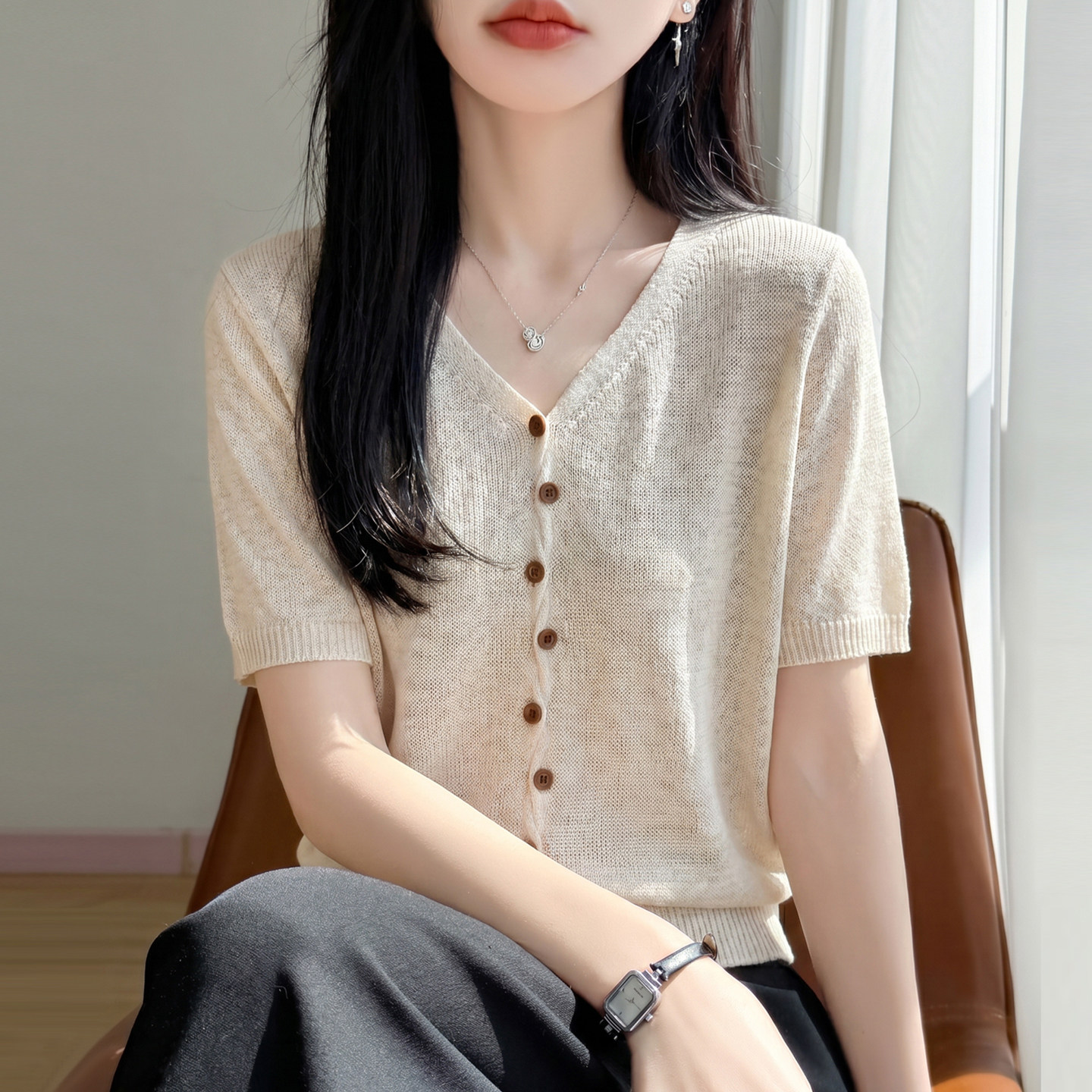新款V领纯色针织短袖t恤开衫女夏季薄款冰丝针织衫女装上衣