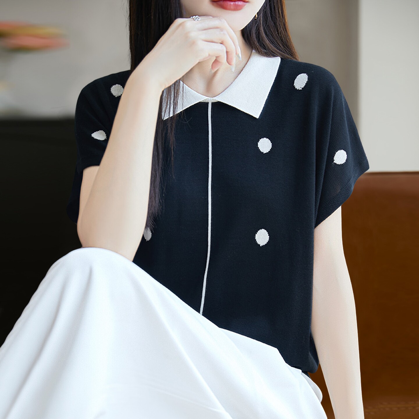 拉夏贝尔 翻领波点针织短袖t恤女夏季薄款冰丝针织衫大码女装上衣