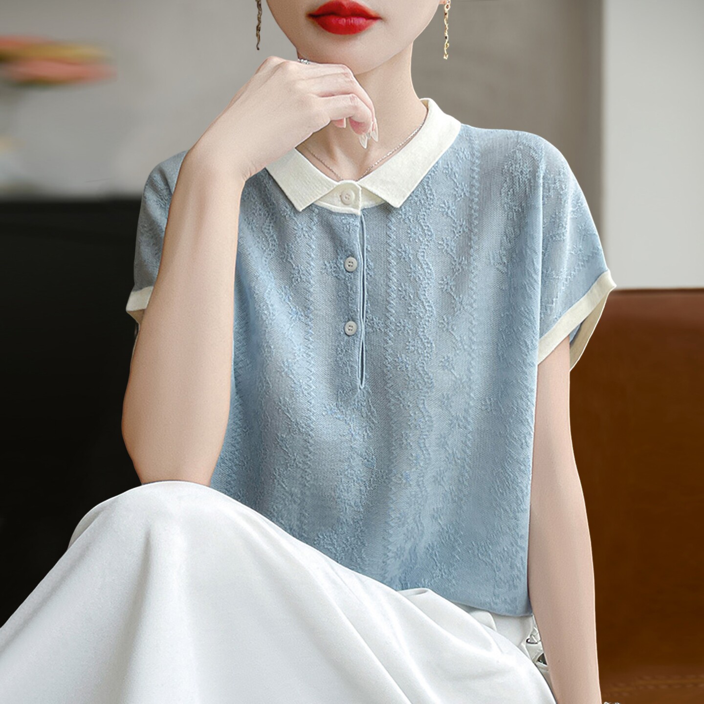 2026新款翻领拼接针织短袖t恤女夏季薄款冰丝针织衫大码女装上衣