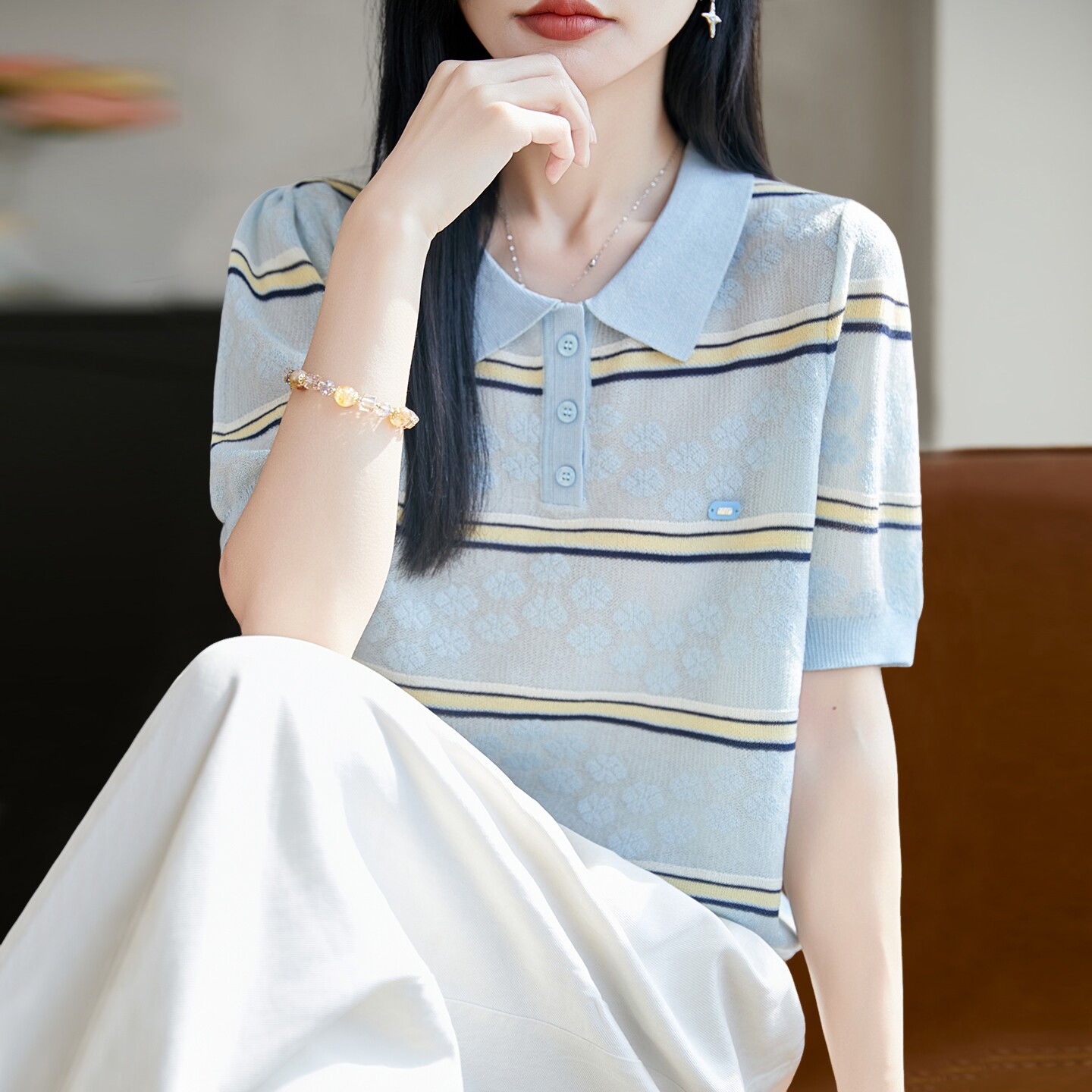 拉夏贝尔 翻领条纹针织短袖t恤女夏季薄款冰丝针织衫大码女装上衣