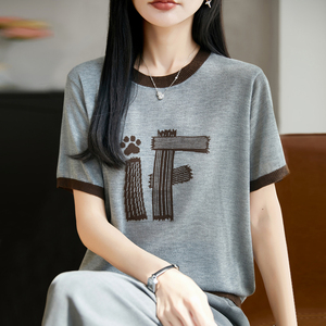 刺绣绣花针织短袖t恤女夏季薄款冰丝针织衫大码女装上衣