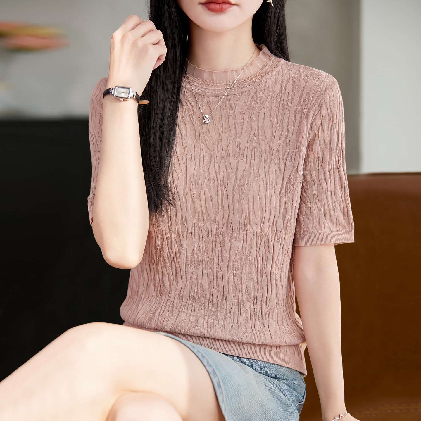 夏季短袖连帽纯色t恤女薄款冰丝针织衫洋气大码女装上衣