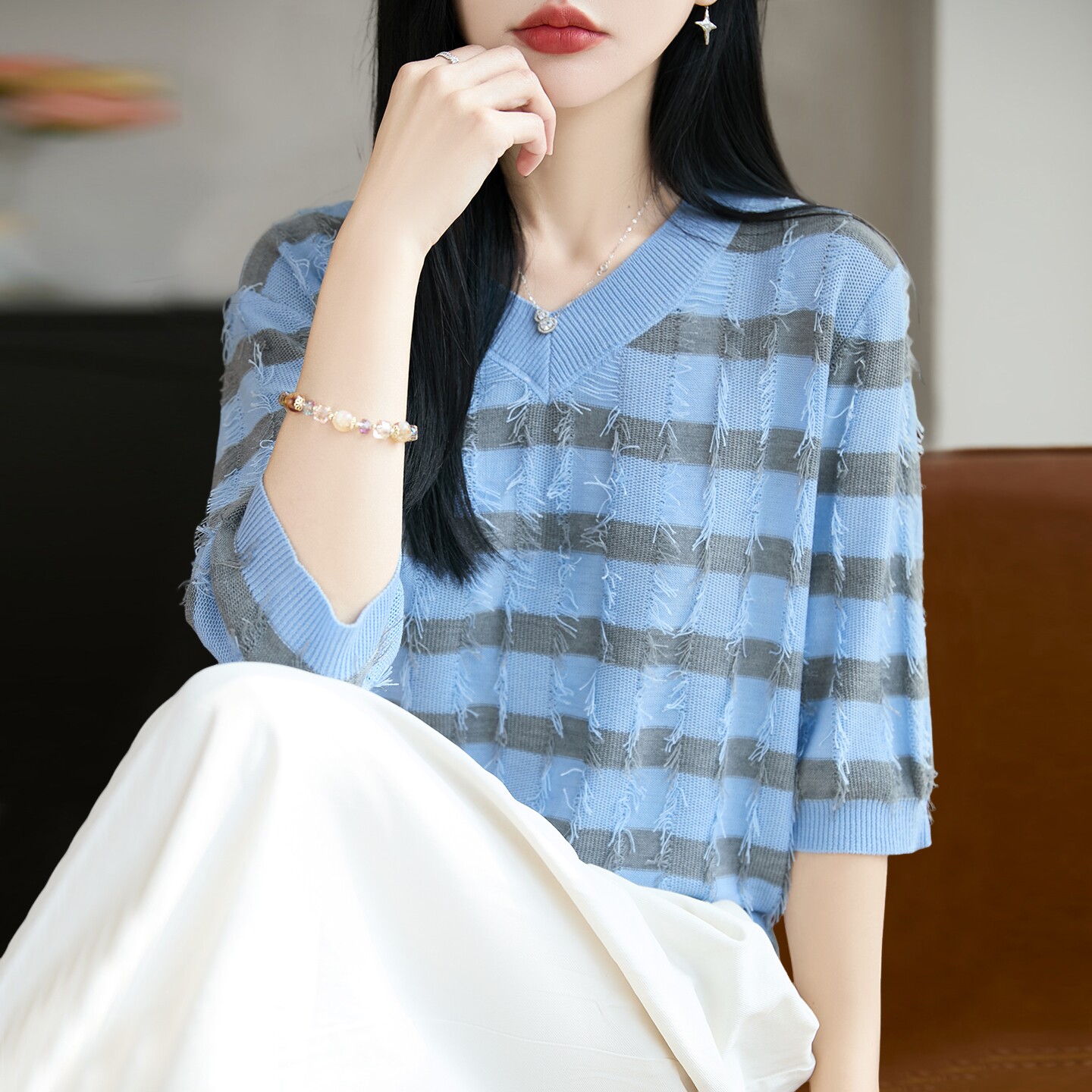条纹撞色针织短袖t恤女夏季薄款冰丝针织衫大码女装上衣
