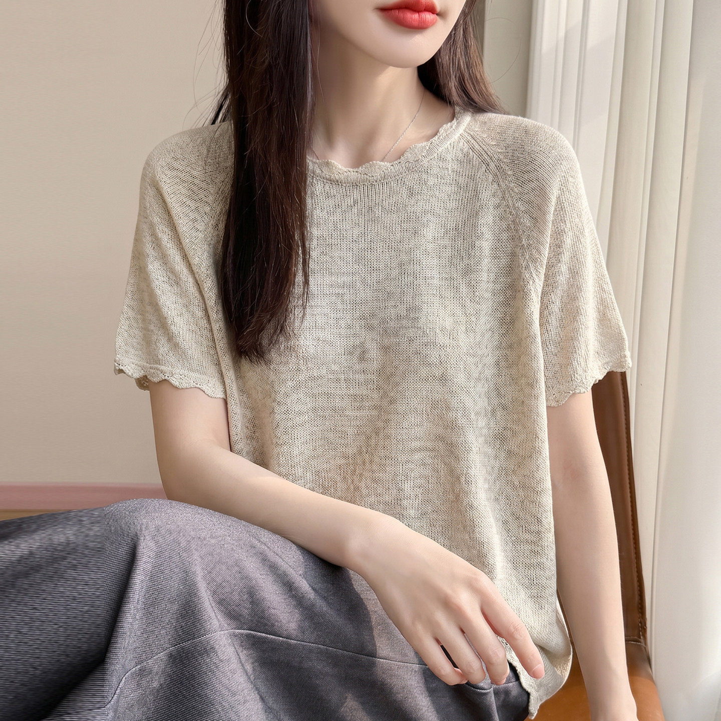 纯色花边针织短袖t恤女夏季薄款冰丝针织衫大码女装上衣