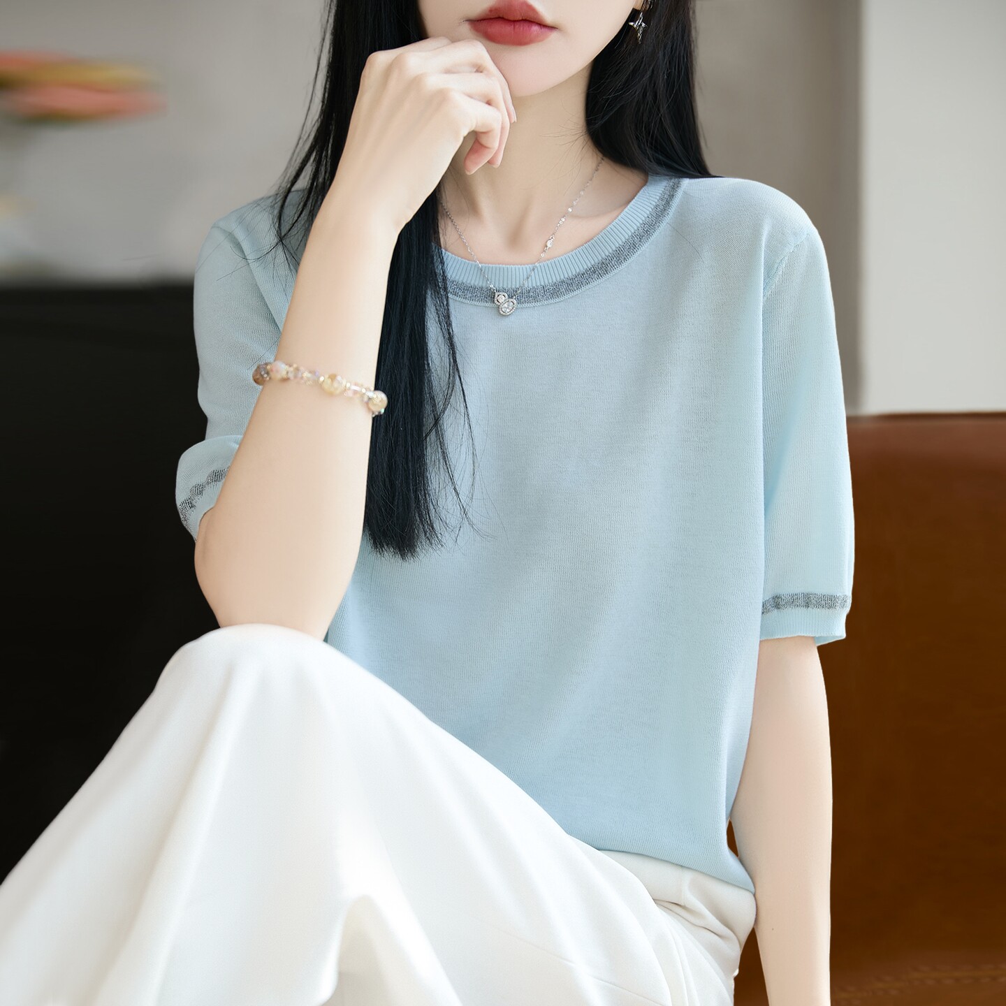 新款亮片时尚针织短袖t恤女夏季薄款冰丝针织衫大码女装上衣