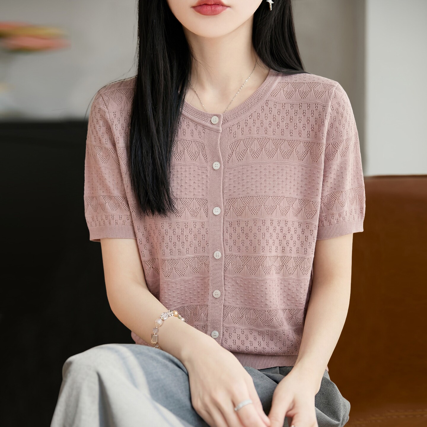 镂空提花针织短袖t恤女夏季薄款冰丝针织衫大码女装上衣