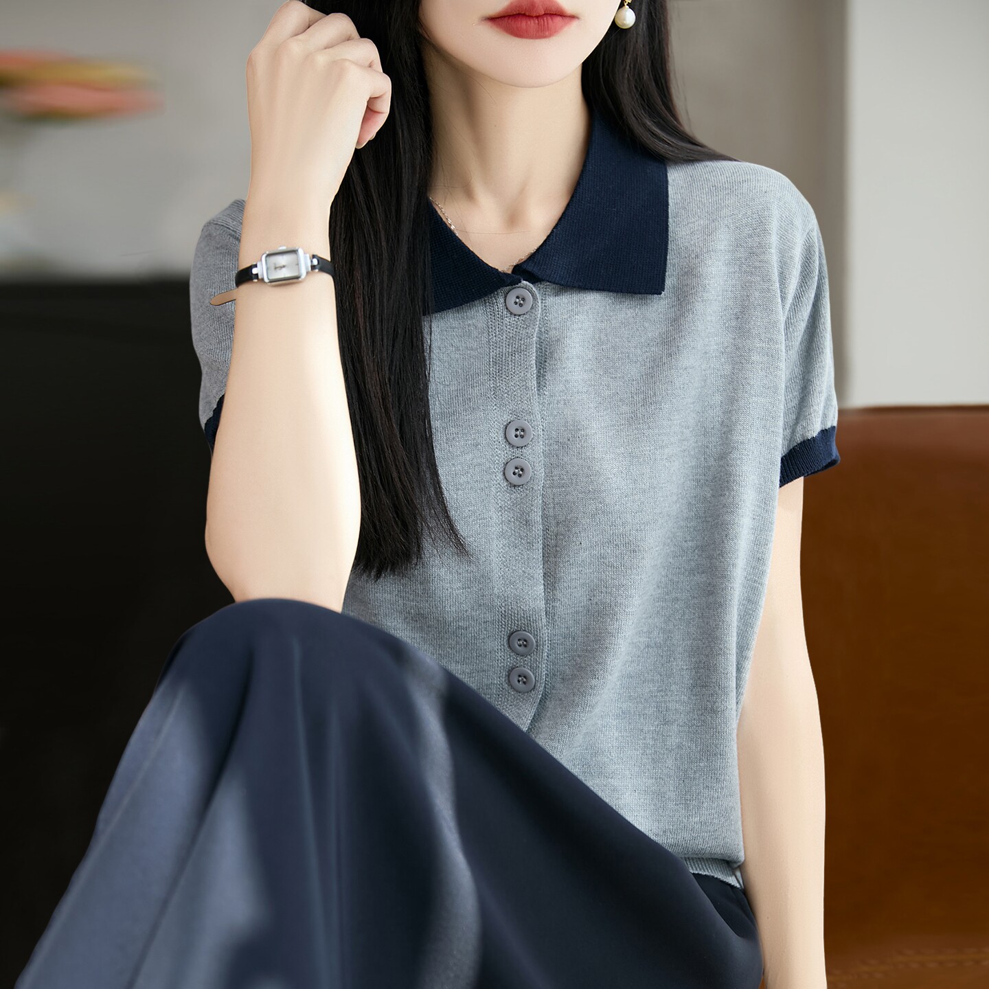 新款翻领针织短袖t恤开衫女夏季薄款冰丝针织衫大码女装上衣