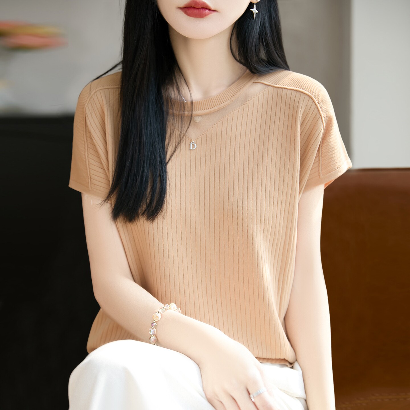 新款蕾丝镂空针织短袖t恤女夏季薄款冰丝针织衫大码女装上衣
