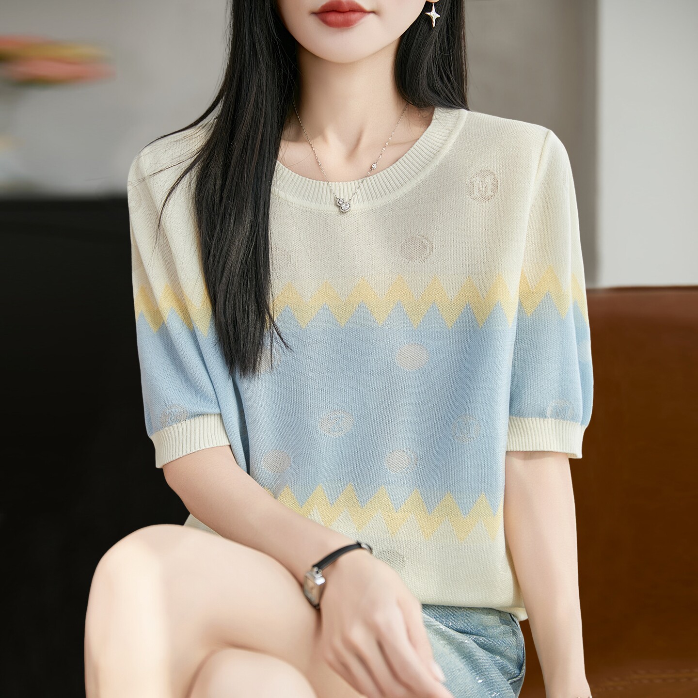 拉夏贝尔 条纹提花针织短袖t恤女夏季薄款冰丝针织衫大码女装上衣