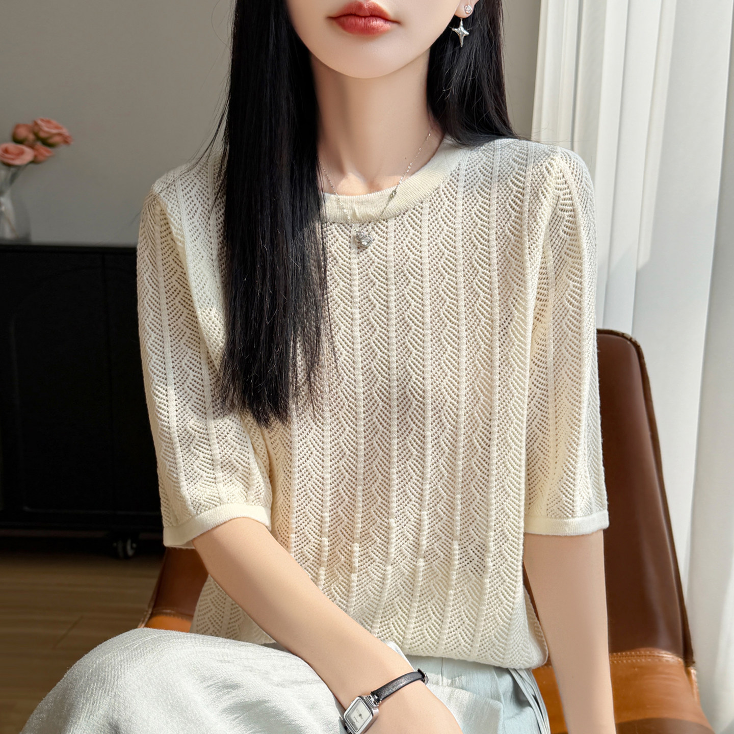 拉夏贝尔 镂空条纹针织短袖t恤女夏季薄款冰丝针织衫大码女装上衣