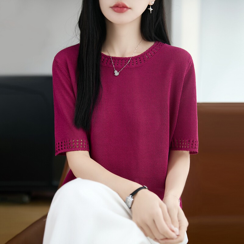 2026新款纯色镂空百搭短袖t恤女夏季薄款冰丝针织衫大码女装上衣