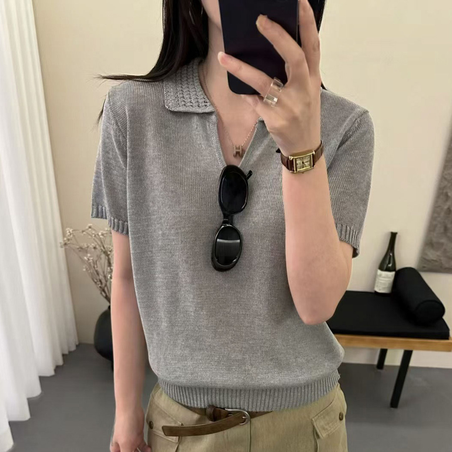 新款V领纯色针织短袖t恤女夏季薄款冰丝针织衫大码女装上衣