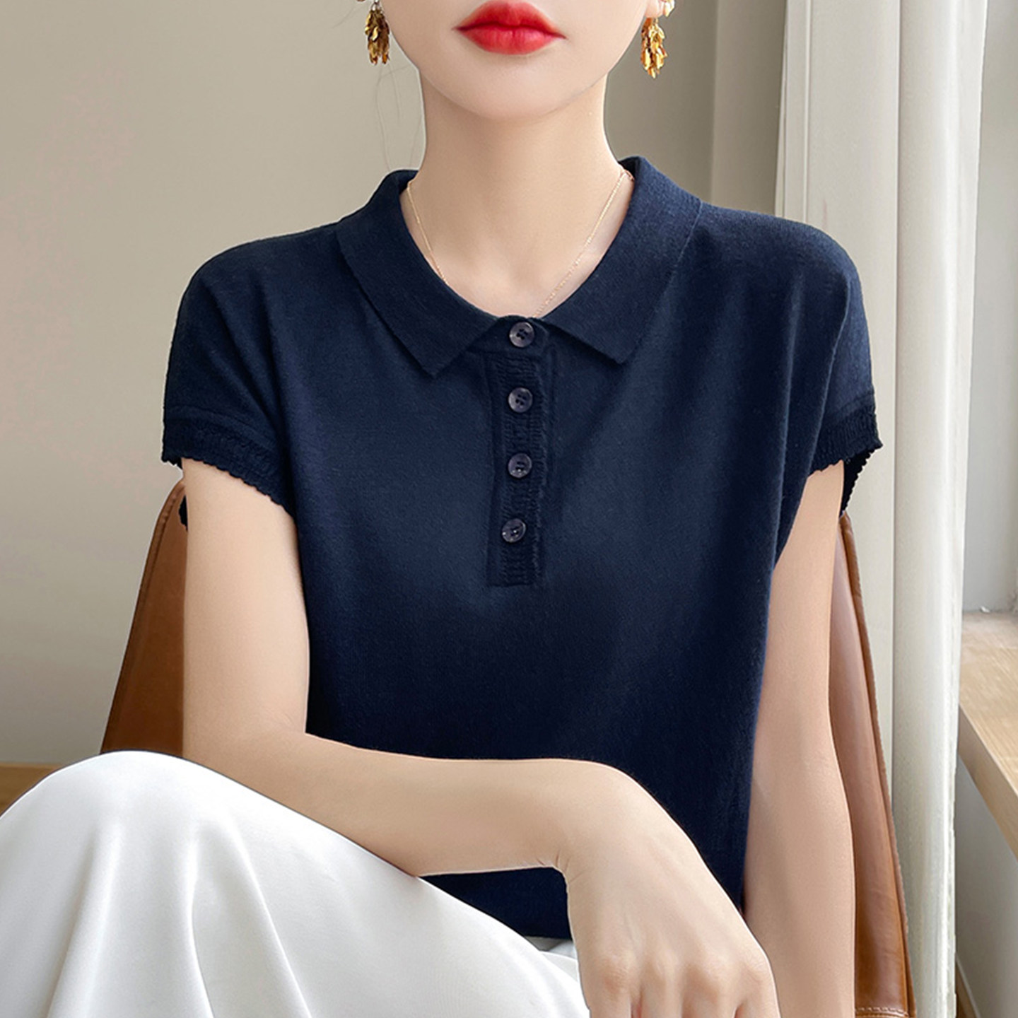 翻领纯色针织短袖t恤女夏季薄款冰丝针织衫大码女装上衣