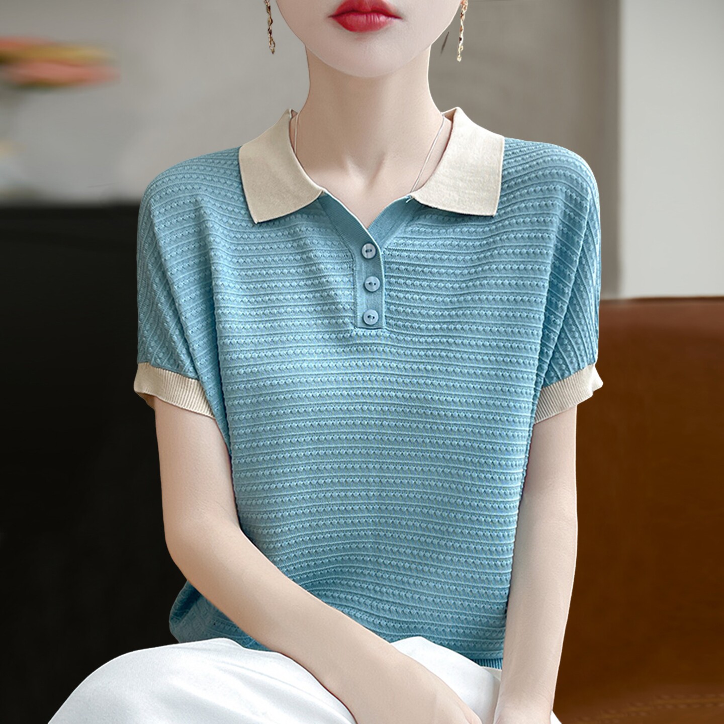 翻领条纹针织短袖t恤女夏季薄款冰丝针织衫大码女装上衣