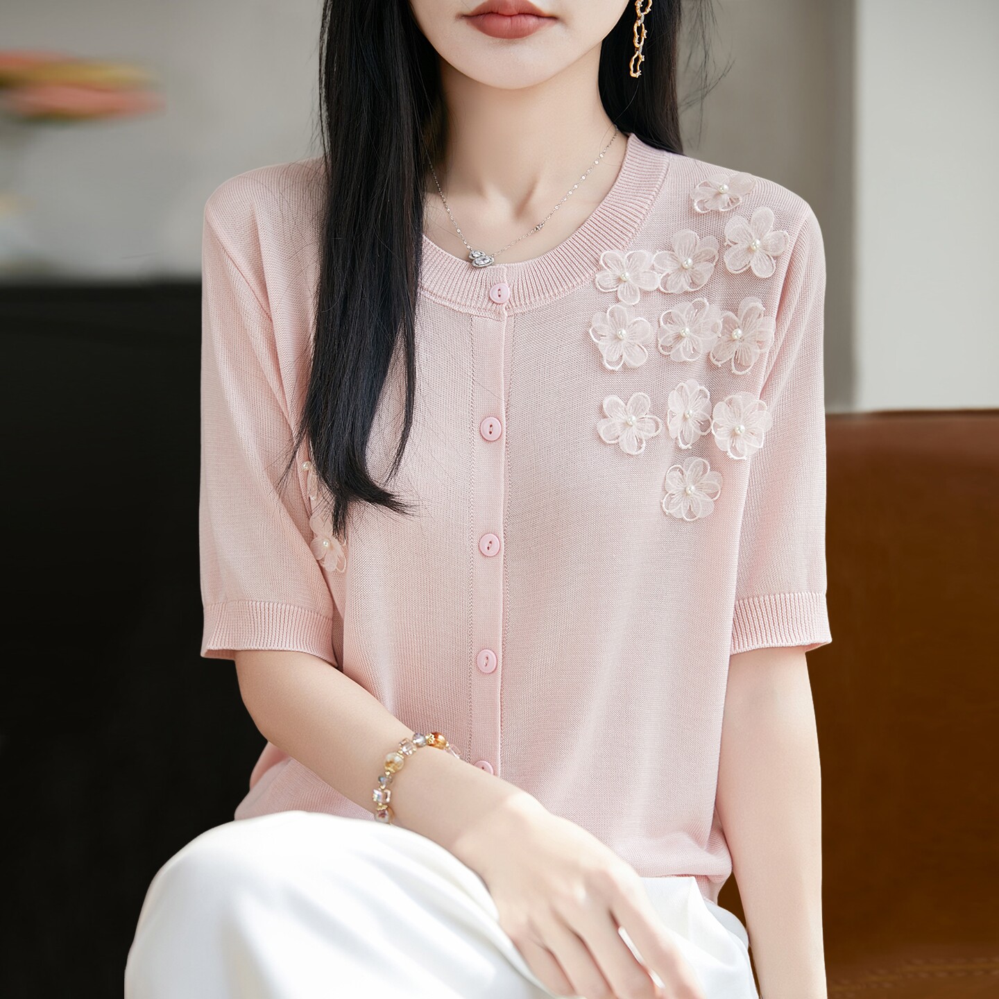 立体花朵开衫短袖t恤女夏季薄款冰丝针织衫大码女装上衣