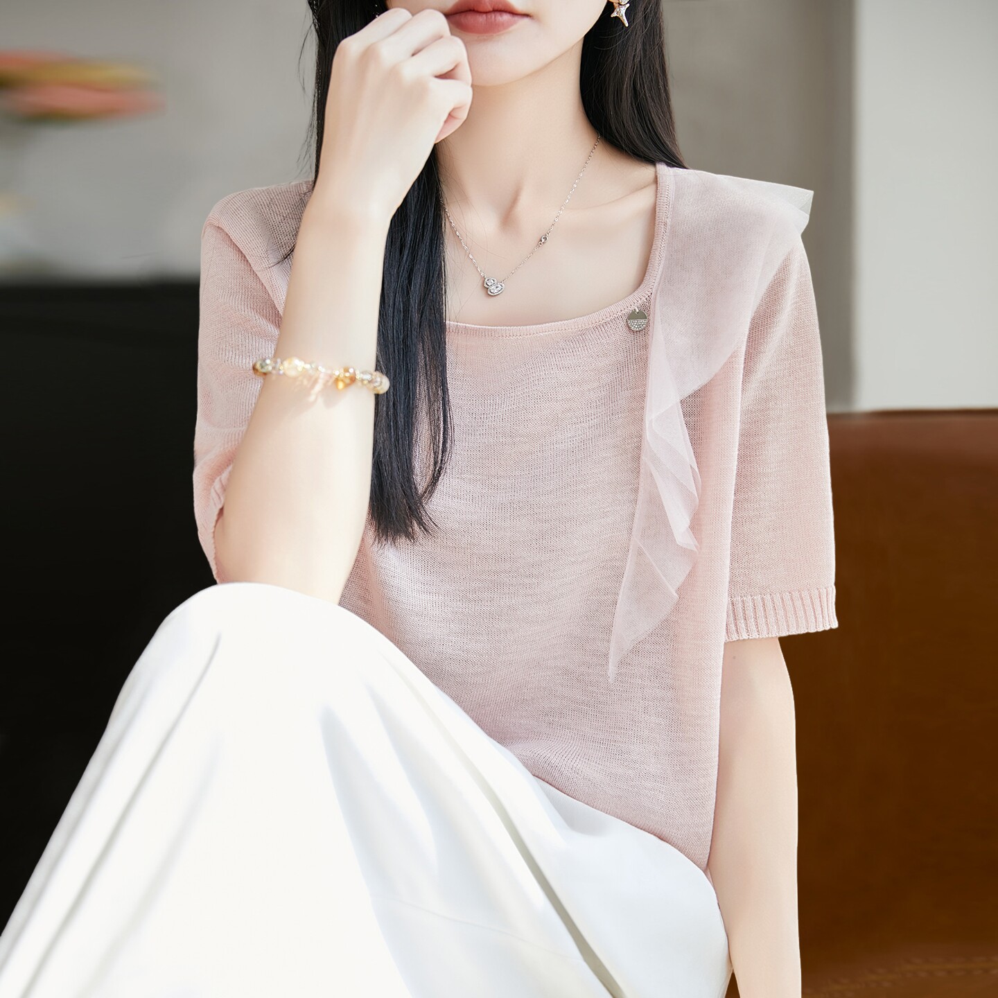 拉夏贝尔 高级感方领短袖t恤女夏季薄款冰丝针织衫大码女装上衣