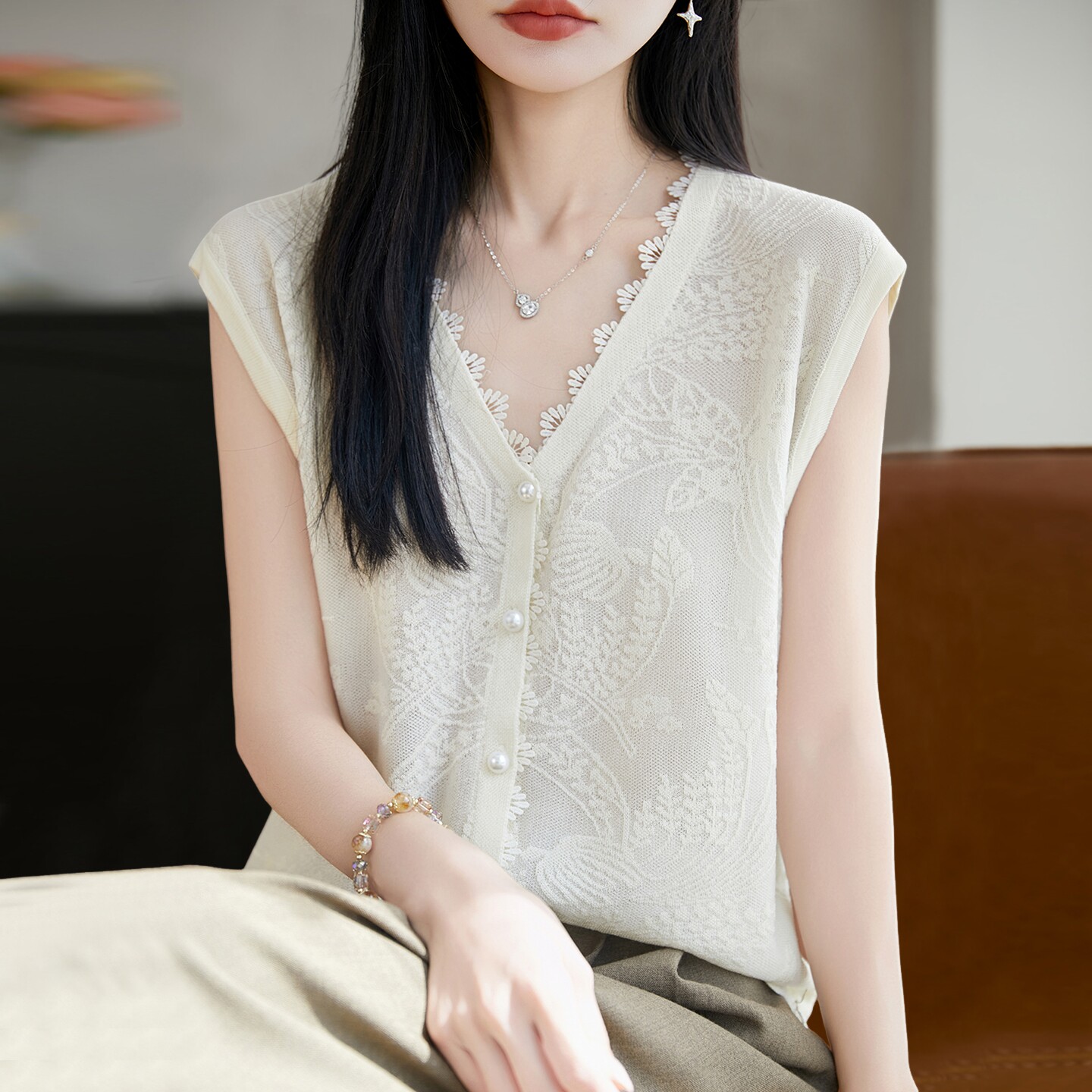 V领提花针织短袖t恤女夏季薄款冰丝针织衫大码女装上衣