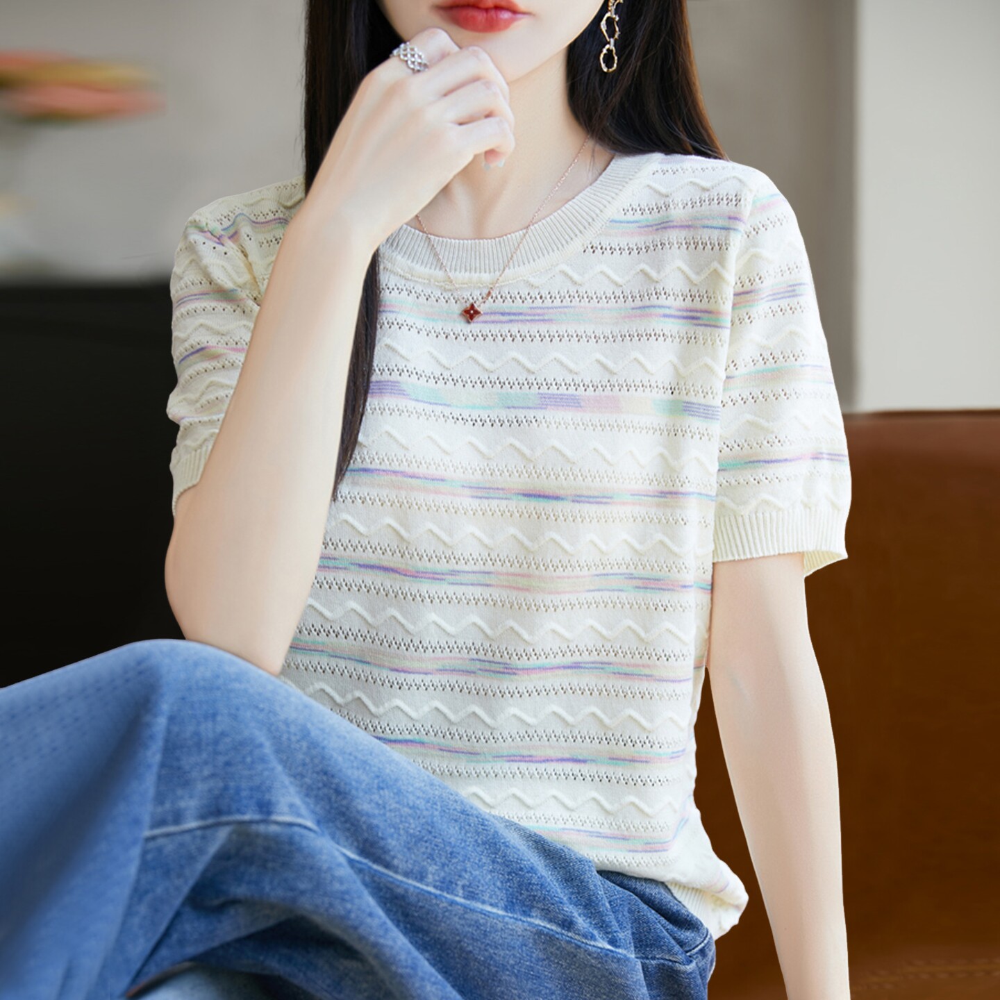 拉夏贝尔 条纹镂空针织短袖t恤女夏季薄款冰丝针织衫大码女装上衣