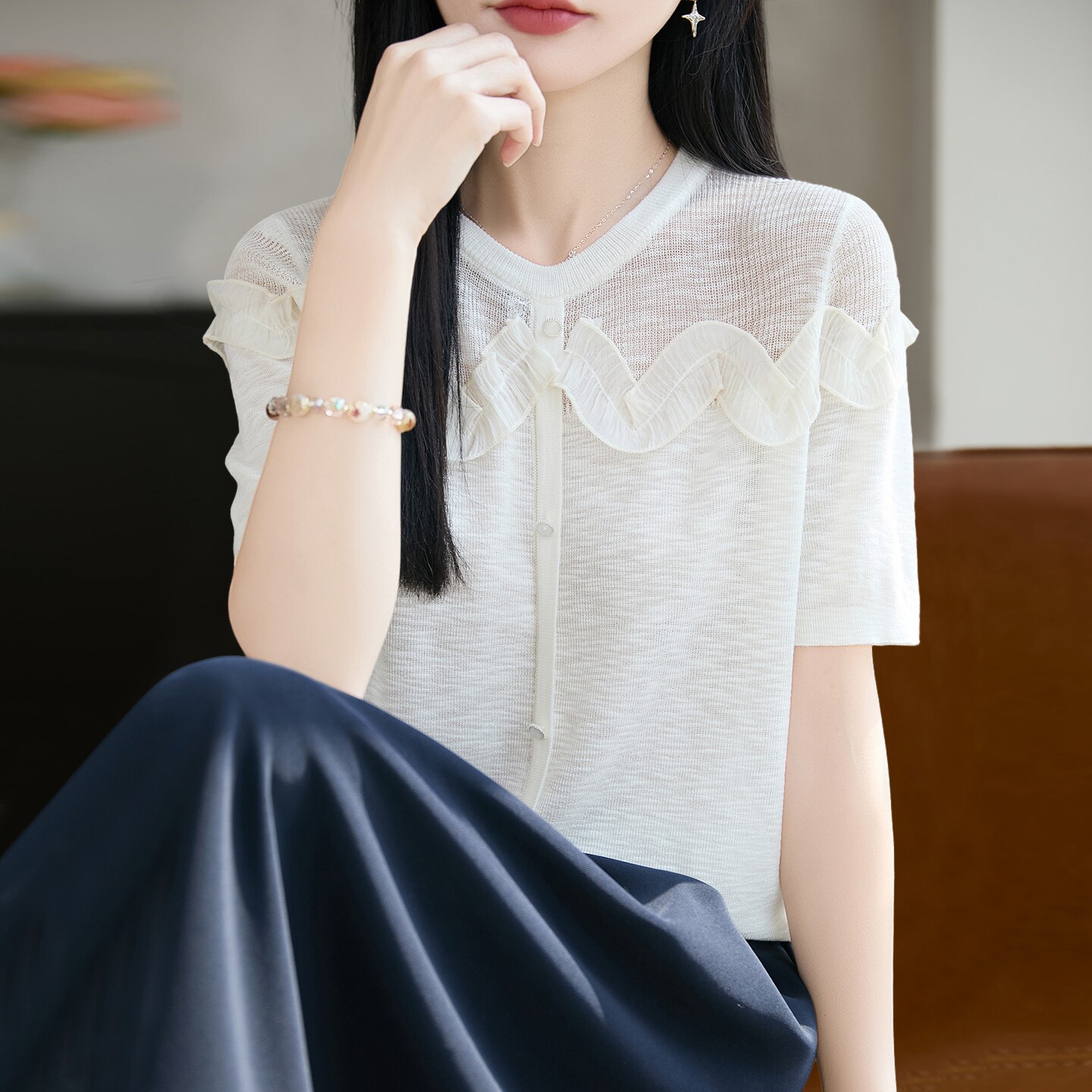蕾丝拼接针织短袖t恤女夏季薄款冰丝针织衫大码女装上衣