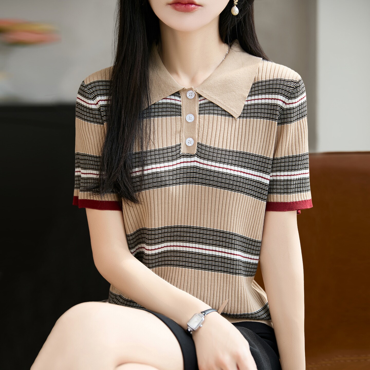 翻领条纹针织短袖t恤女夏季薄款冰丝针织衫大码女装上衣