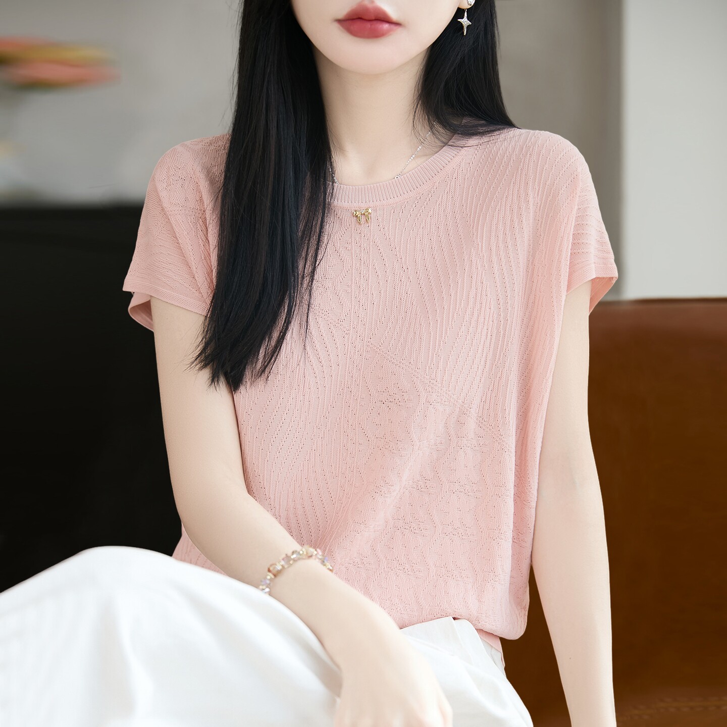 纯色时尚针织短袖t恤女夏季薄款冰丝针织衫大码女装上衣