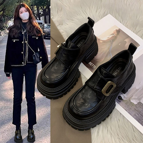 厚底粗跟英伦风小皮鞋女新款百搭增高女鞋单鞋黑色乐福鞋女款