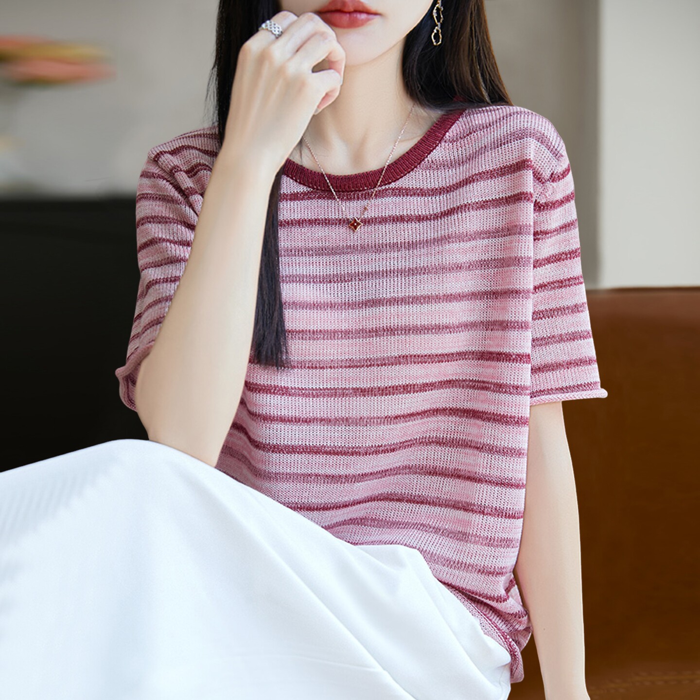 条纹显瘦针织短袖t恤女夏季薄款冰丝针织衫大码女装上衣