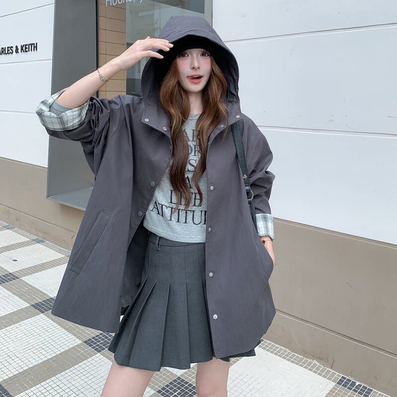 韩系连帽风衣女秋季新款宽松中长款休闲外套灰调落肩显瘦百搭大衣