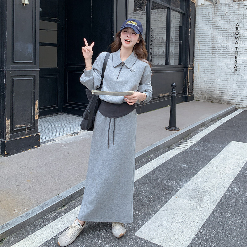 小个子慵懒风灰色套装女翻领半拉链卫衣松紧腰开叉半身裙两件套