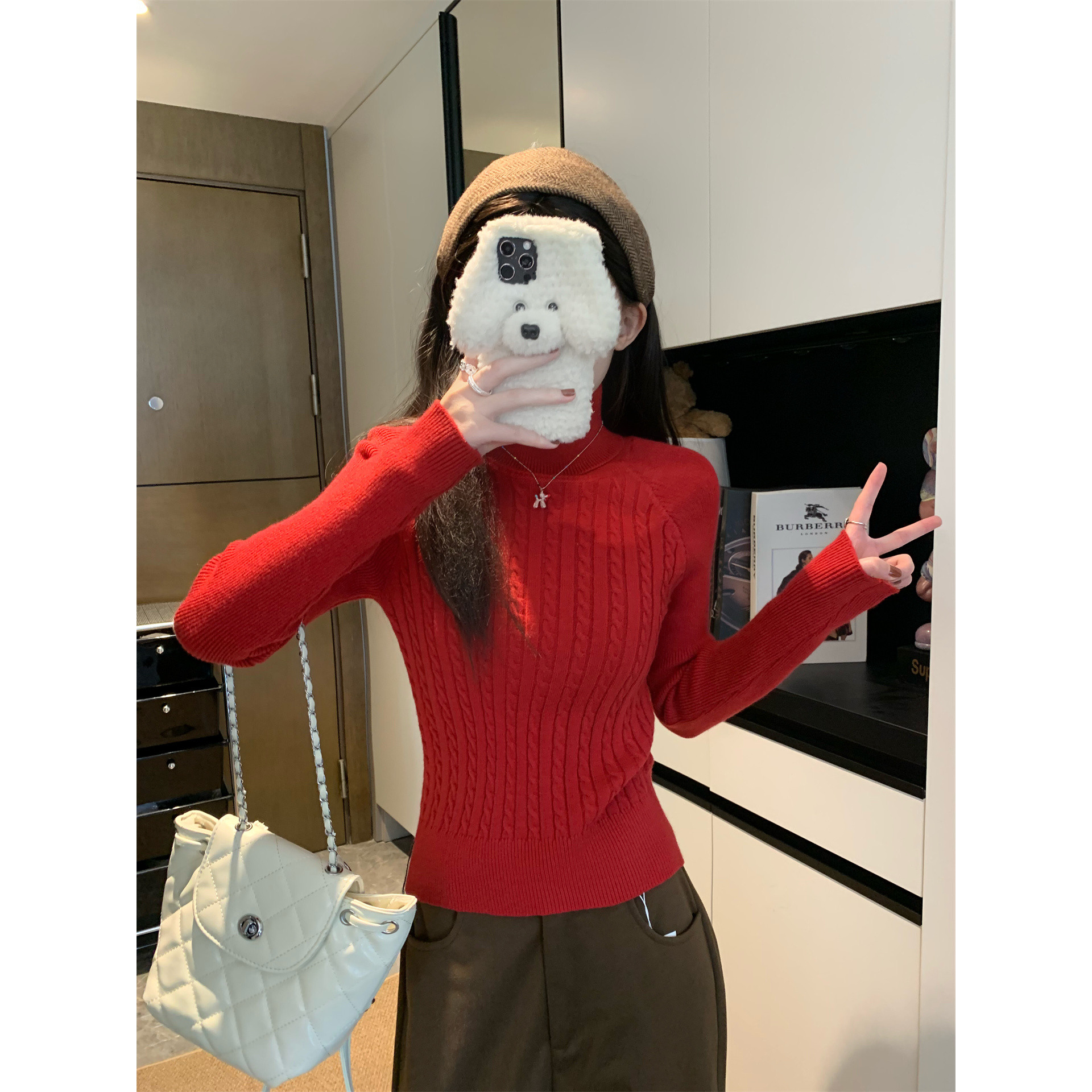 新年红插肩袖高领打底毛衣女秋冬短款内搭修身针织衫ins麻花上衣