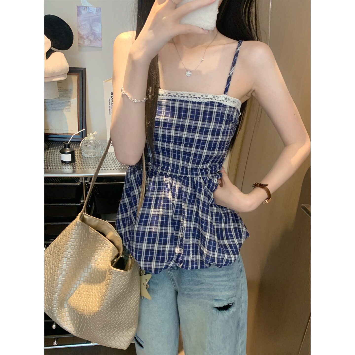 辣妹纯欲风蕾丝拼接格子吊带背心女夏季2025收腰显瘦褶皱裙摆上衣